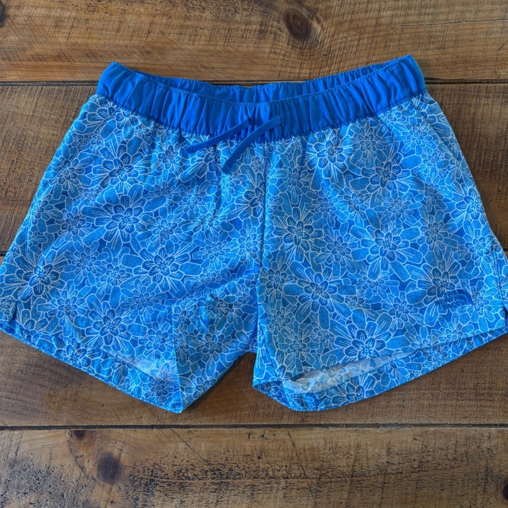 The North Face Womens Blue Floral Hawaiian Nylon Elastic Waist Shorts Medium